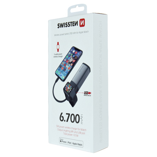 Batterie 6700mAh, cable Lightning MFi integre, 2-en-1 pour Apple Watch, Swissten, Noir