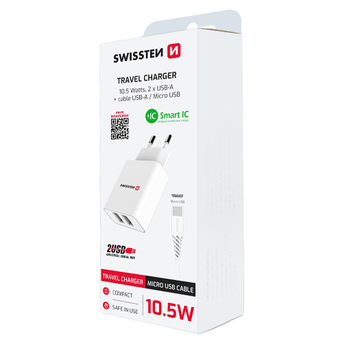 Chargeur 10W, 2x USB-A, cable USB-A > Micro USB fourni, Swissten, Blanc