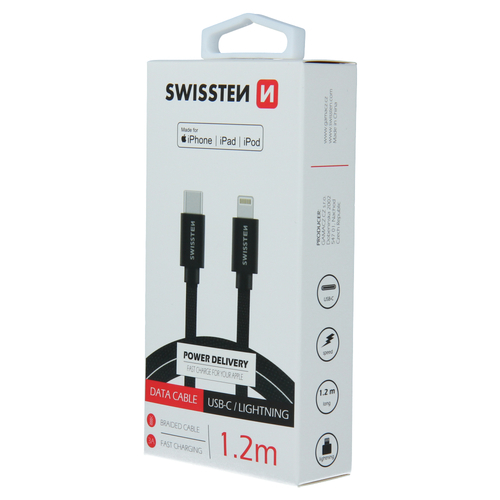 Cable textile, MFi, USB-C > Lightning, 1.2m, Swissten, Noir