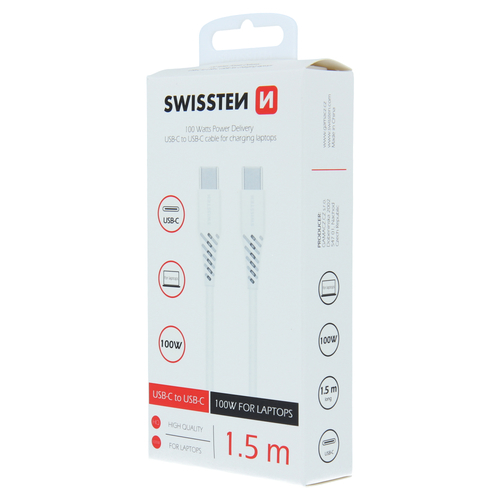 Cable, 100W, USB-C > USB-C, 1.5m, Swissten, Blanc