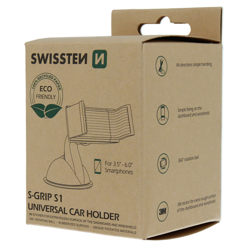Support smartphone pour voiture, S-GRIP S1, fixation tableau de bord / pare brise, Swissten, Eco Pack