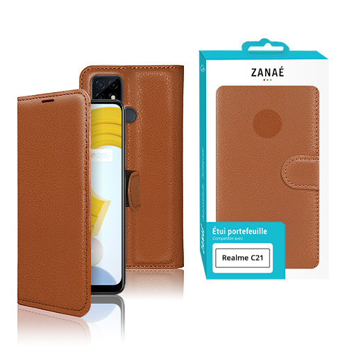 Etui Portefeuille Zanae pour Realme C21, Marron