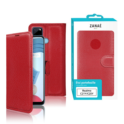 Etui Portefeuille Zanae pour Realme C21Y / C25Y, Rouge