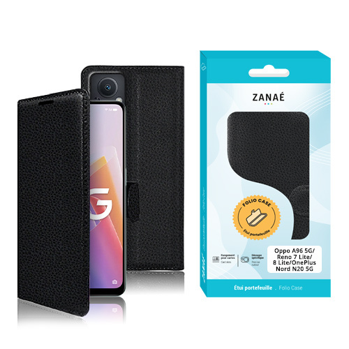 Etui Portefeuille Zanae pour Oppo A96 5G / Reno 7 Lite / 8 Lite / OnePlus Nord N20 5G, Noir