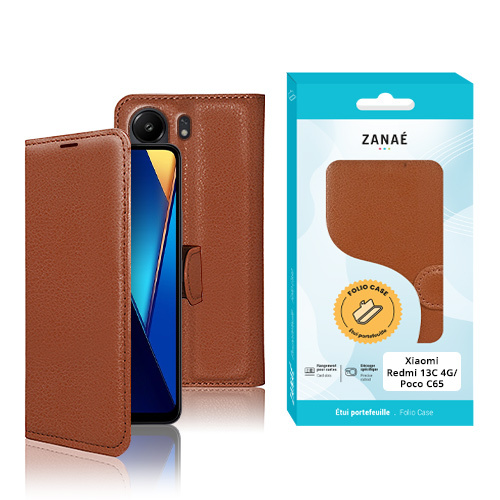 Etui Portefeuille Zanae pour Redmi 13C 4G / Poco C65, Marron