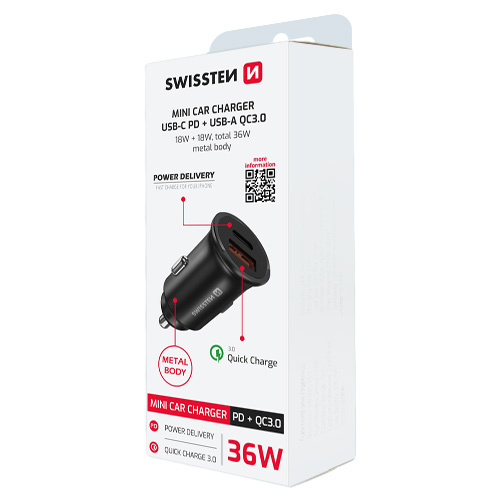 Chargeur allume cigare 36W, 1x USB-C / 1x USB-A, Power Delivery, Swissten, Noir