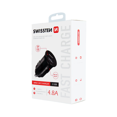 Chargeur allume cigare 4.8A, 2x USB-A, Swissten, Noir