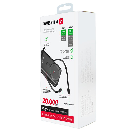 Batterie 20000mAh, MagSafe, cables Lightning / USB-C integres, Swissten, Noir
