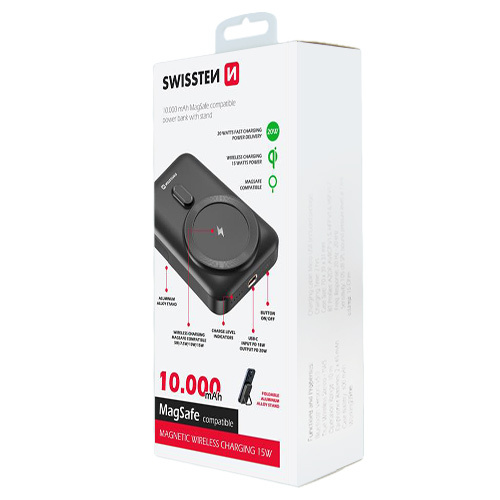 Batterie 10000mAh, MagSafe, support stand integre, Swissten, Noir