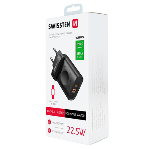 Chargeur 22,5W, 1x USB-C / 1x USB-A, Power Delivery, Swissten, Noir, 2-en-1 pour smartphone / Apple Watch