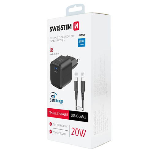 Chargeur 20W, 1x USB-C, GaN / Power Delivery, cable USB-C > USB-C fourni, Swissten, Noir