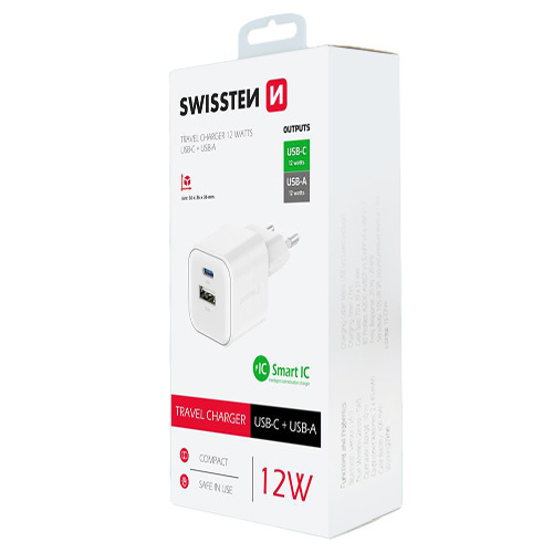 Chargeur 12W, 1x USB-C / 1x USB-A, Swissten, Blanc