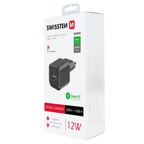 Chargeur 12W, 1x USB-C / 1x USB-A, Swissten, Noir