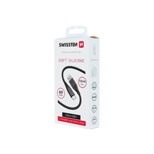 Cable silicone, 60W, USB-A > USB-C, 1.5m, Swissten, Noir