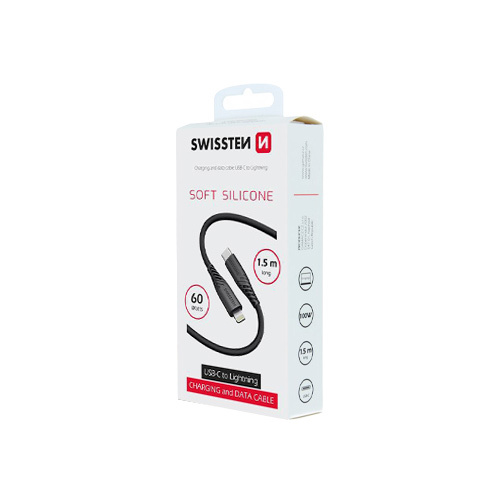 Cable silicone, 60W, USB-C > Lightning, 1.5m, Swissten, Noir