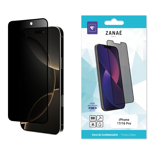Verre trempe de confidentialite pour iPhone 17 / 16 Pro, Noir