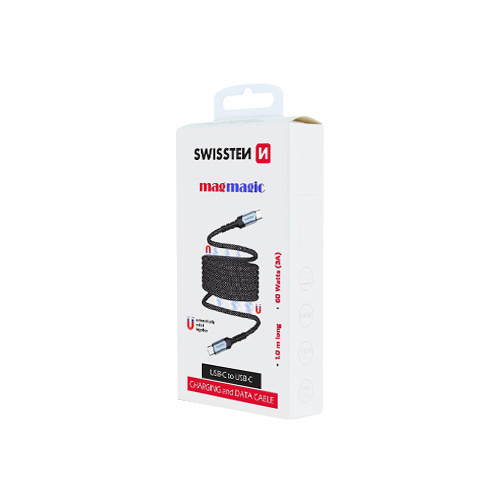 Cable auto-enroulant, USB-C > USB-C, 1m, Swissten, Noir