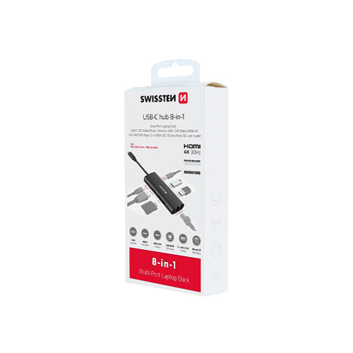 Multiport Aluminium Swissten USB-C 8 en 1, Noir