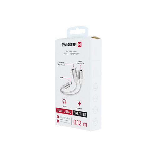 Adaptateur Double USB-C audio & charge Swissten, Blanc