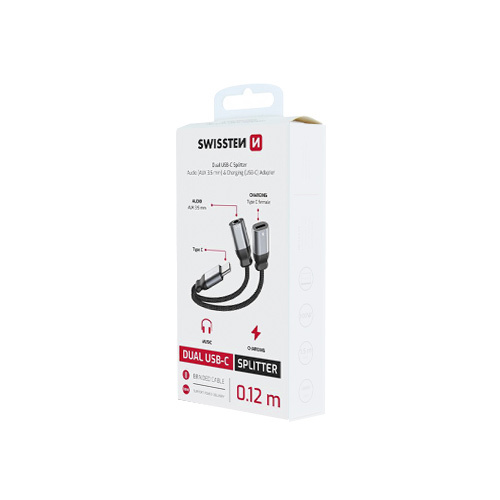 Adaptateur USB-C avec Sortie audio Jack 3,5 mm et charge Swissten, Noir