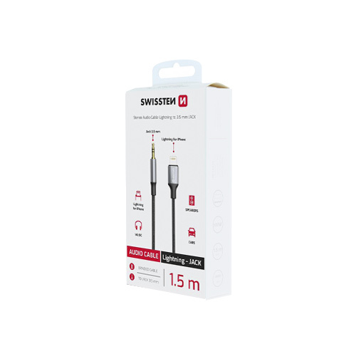 Adaptateur textile Lightning male / Jack male 1.5m Swissten, Noir