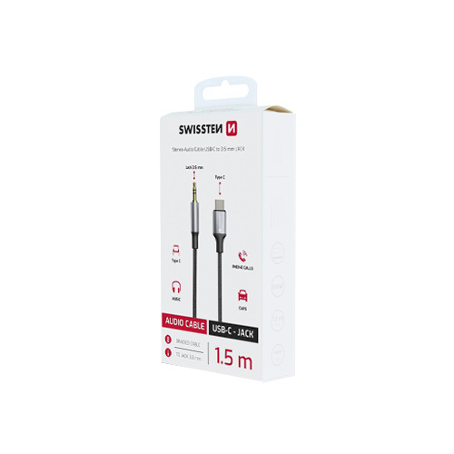 Adaptateur textile USB-C / Jack 1,5m Swissten, Noir