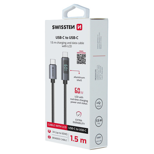 Cable textile, LCD display, USB-C > USB-C, 1.5m, Swissten, Noir