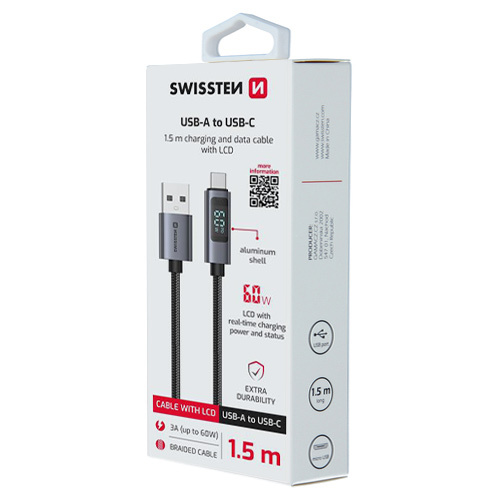 Cable textile, LCD display, USB-A > USB-C, 1.5m, Swissten, Noir