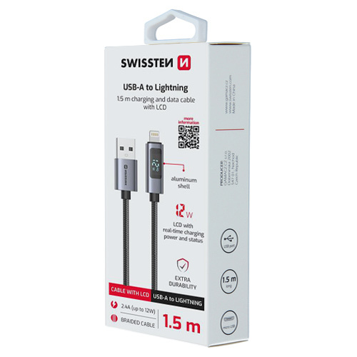 Cable textile, LCD display, USB-A > Lightning, 1.5m, Swissten, Noir