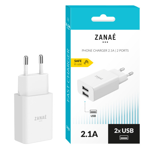 Chargeur 10W, 2x USB-A, Zanae, Blanc