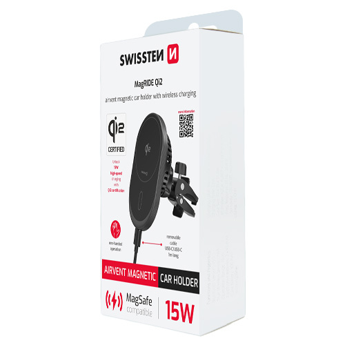 Support smartphone pour voiture, avec charge MagSafe & Qi2 fixation ventilation, Swissten, Noir