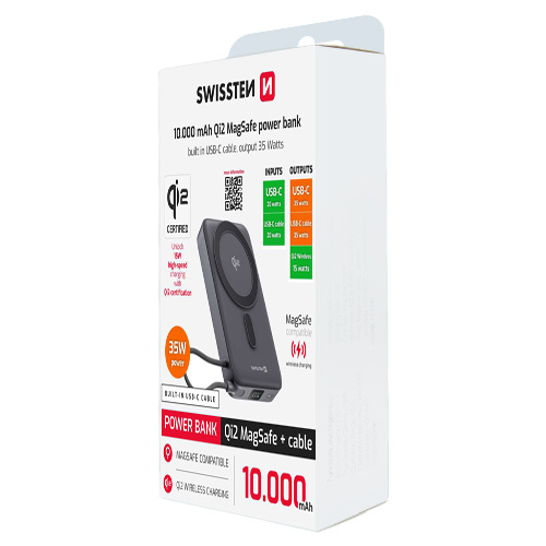 Batterie 10000mAh, MagSafe & Qi2, cable USB-C integre, Swissten, Noir