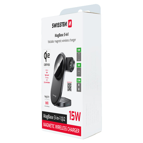 Support smartphone pliable, avec charge MagSafe & Qi2, 3-en1 pour Apple Watch et Airpods, Swissten, Noir