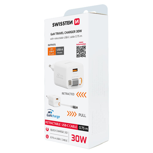 Chargeur 30W, 1x USB-A, cable USB-C > USB-C retractable integre, GAN, Swissten, Blanc