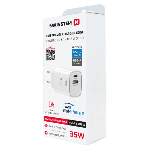Chargeur 35W, 1x USB-C / 1x USB-A, GaN / Power Delivery, Swissten, Blanc