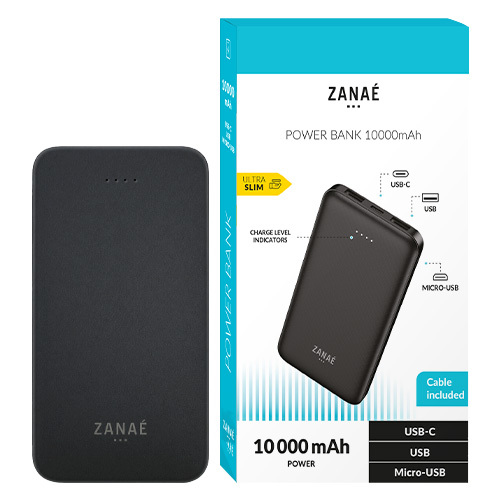 Batterie 10000mAh, Zanae, Noir
