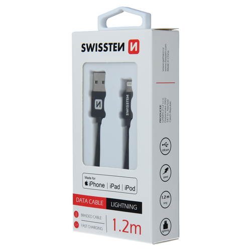 Cable textile, MFi, USB-A > Lightning, 1.2m, Swissten, Noir
