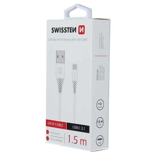 Cable, USB-A > USB-C, 1.5m, Swissten, Blanc