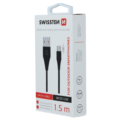 Cable, USB-A > Micro USB, 1.5m, embout 9mm special pour smartphone durci, Swissten, Noir