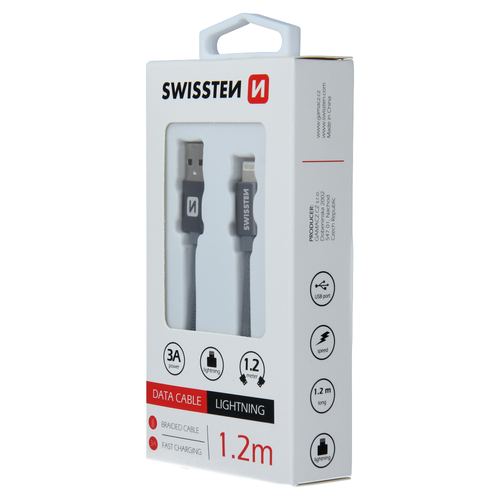 Cable textile, USB-A > Lightning, 1.2m, Swissten, Gris