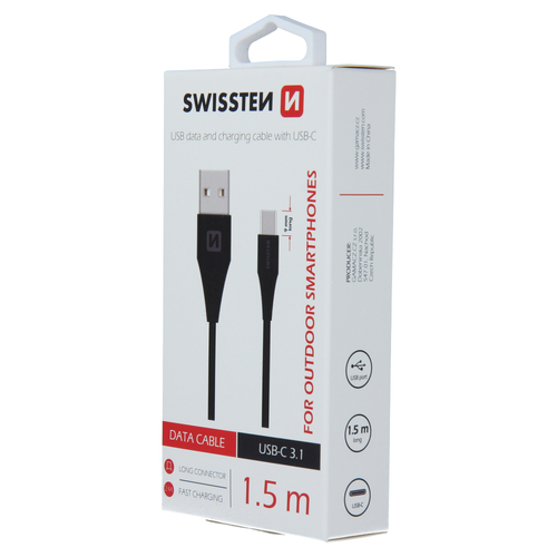 Cable, USB-A > USB-C, 1.5m / 9mm, Swissten, Noir