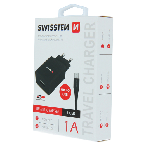 Chargeur 5W, 1x USB-A, câble USB-A > Micro USB fourni, Swissten, Noir