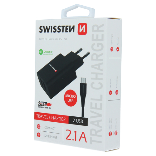 Chargeur 10W, 2x USB-A, cable USB-A > Micro USB fourni, Swissten, Noir