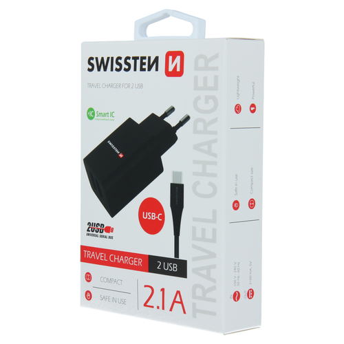 Chargeur 10W, 2x USB-A, cable USB-A > USB-C fourni, Swissten, Noir