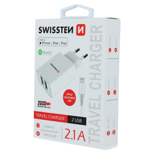 Chargeur 10W, 2x USB-A, cable USB-A > Lightning MFi fourni, Swissten, Blanc