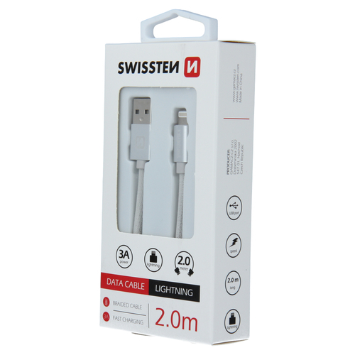 Câble textile, USB-A > Lightning, 2m, Swissten, Silver