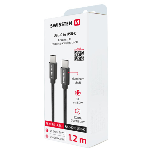 Cable, USB-C > USB-C, 1.2m, Swissten, Noir