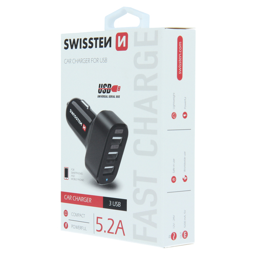 Chargeur allume cigare 5.2A, 3x USB-A, Swissten, Noir