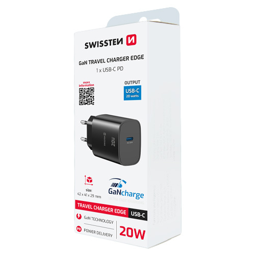 Chargeur 20W, 1x USB-C, GaN / Power Delivery, Swissten, Noir