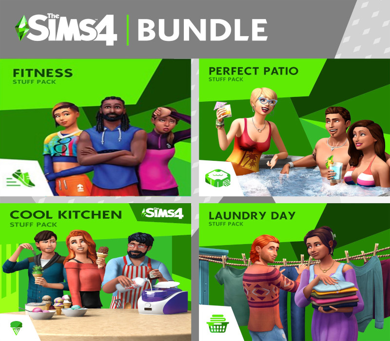 The Sims 4 – Fitness + Cool Kitchen + Laundry Day + Perfect Patio Stuff DLC Bundle PC EA App Clé CD